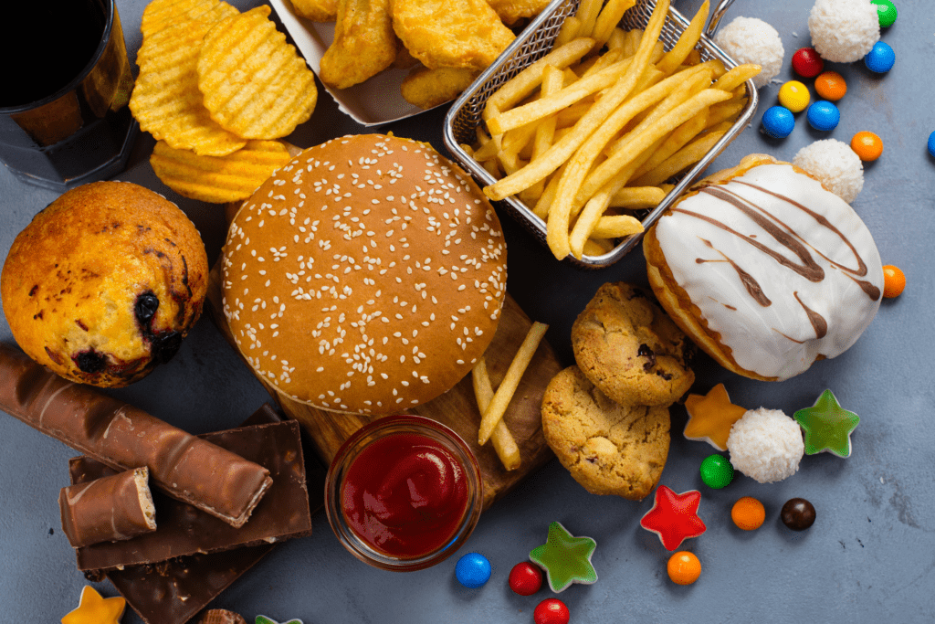 burgers, fries, donuts and candy