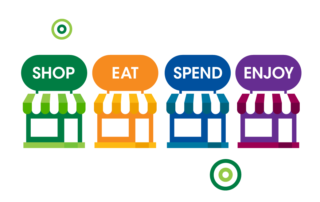 shop, eat, spend, enjoy